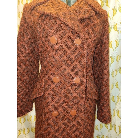 Vintage 60s 70s Rust Boucle Herringbone Double-Breasted Coat Jacket Mod Medium - Picture 4 of 16